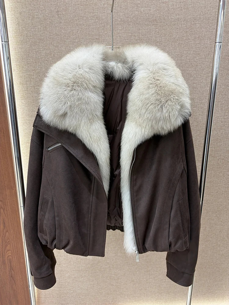 2026 New Winter Women Goose Down Jacket Natural Real Fox Fur Collar Coats Denim Puffer Jacket Outwear