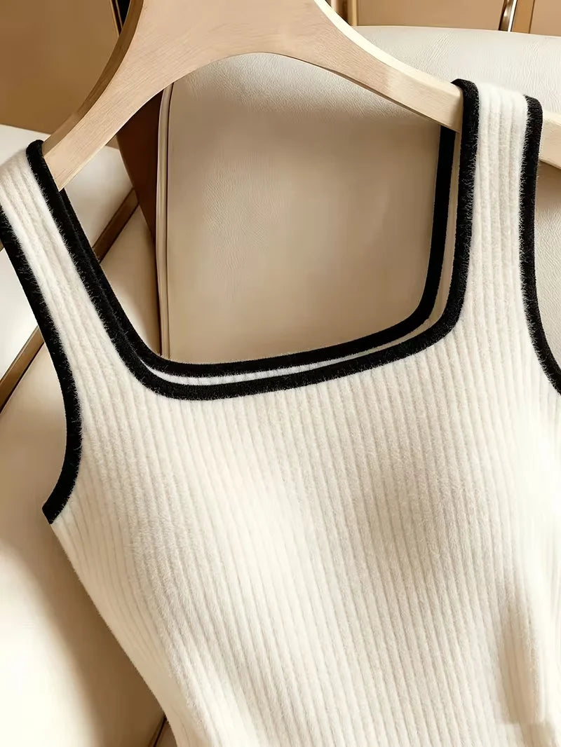 3pcs Women's Ribbed Bodysuit Set Fashionable Black Piped Square Neck Waist-Cinching Style Summer Nightlife Wear Elegant Beach Ou