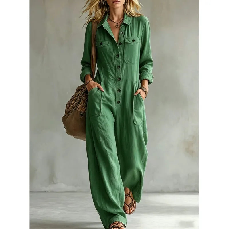 Autumn Simple Solid Women's Jumpsuit Fashion Button Half Open Design Loose Lapel Jumpsuits With Pocket Ladies Office Clothing
