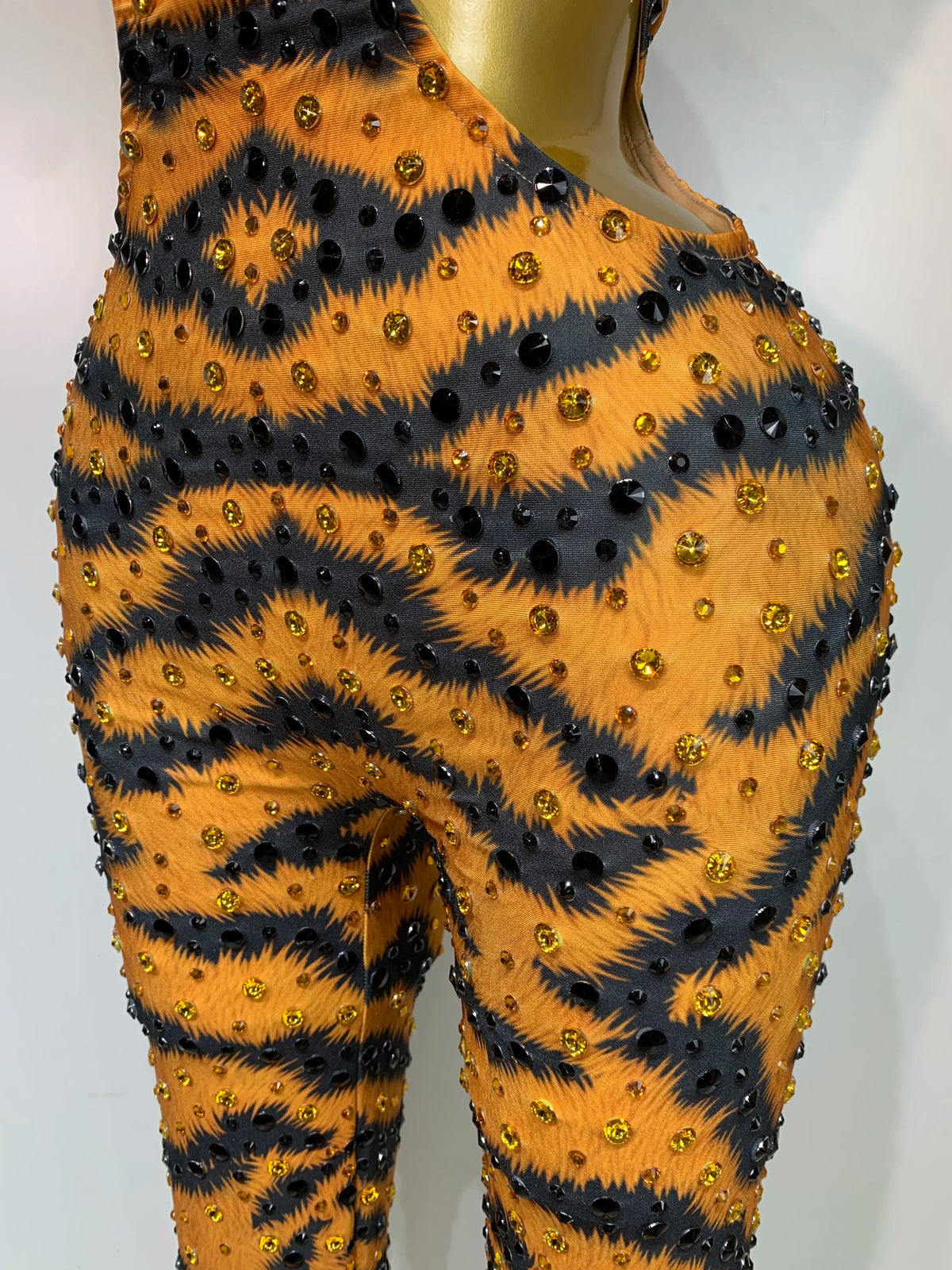 Sparkly Rhinestone Tiger Pattern Tight Fitting Jumpsuit Evening Party Sexy Nightclub DJ Stage Performance Outfit