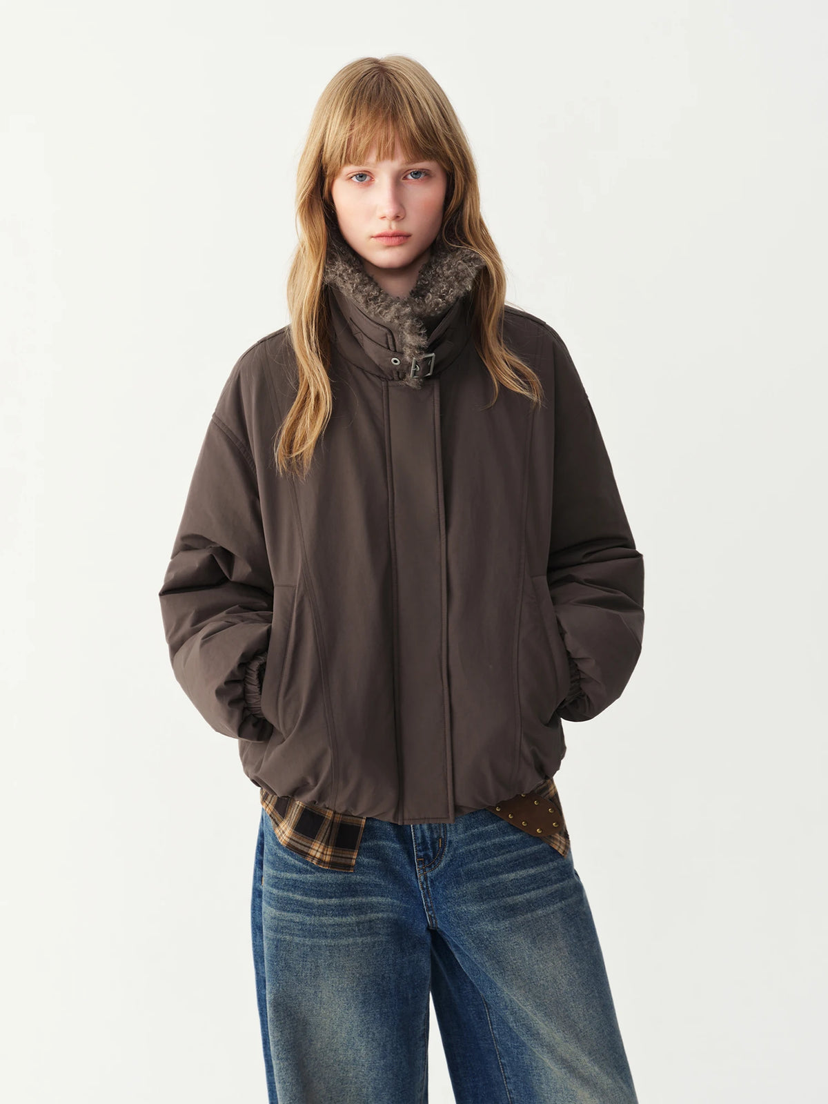 FSLE Cashmere Fur Collar Jacket Down Jacket Women Short Retro Barn Style 2026 Winter New Arrival Chic Personality