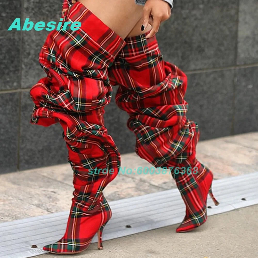 Red Check Patchwork Over Knee Boots Pleated Pointed Toe Thin Heels Shoes for Women Spicy Girls Y2K Street Style Fashion Shoes