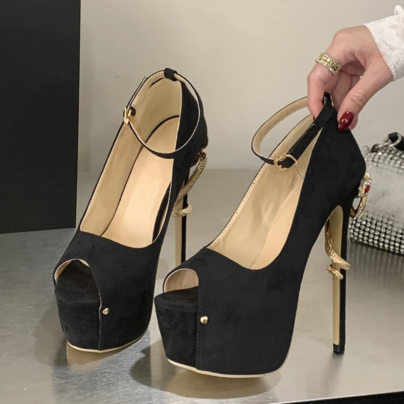Liyke Sexy Metal Snake Shape Thin Heeled Sandals Women Peep Toe Buckle Strap Platform High Heels Party Stripper Shoes Size 35-42