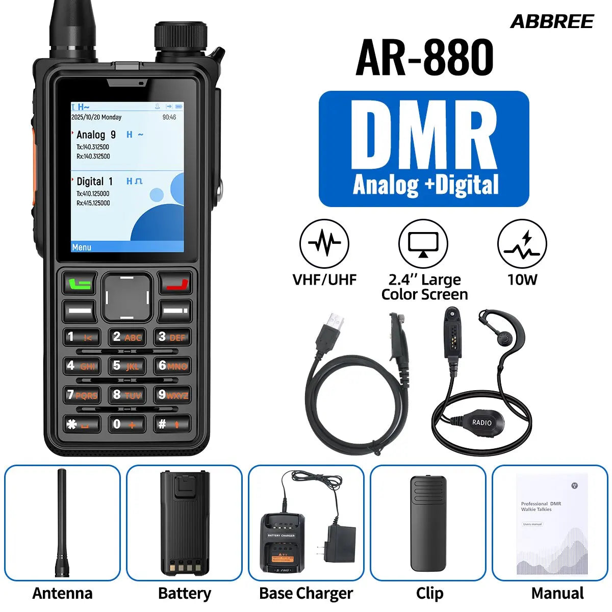 ABBREE AR-880 DMR Digital Walkie Talkie 10W Waterproof Ultral Thin SMS Long Range Dual Mode Analog Dual Band AES256 Ham Radio