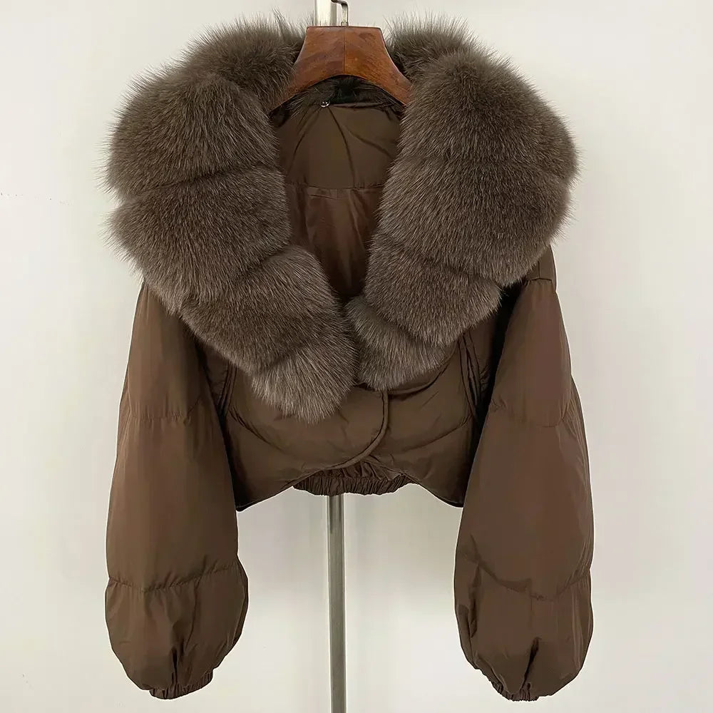 Winter Female White Duck Down Jacket Luxury Loose Short Fashion Casual Women Warm Real Fox Fur Coat Long Sleeve Puffer Jacket
