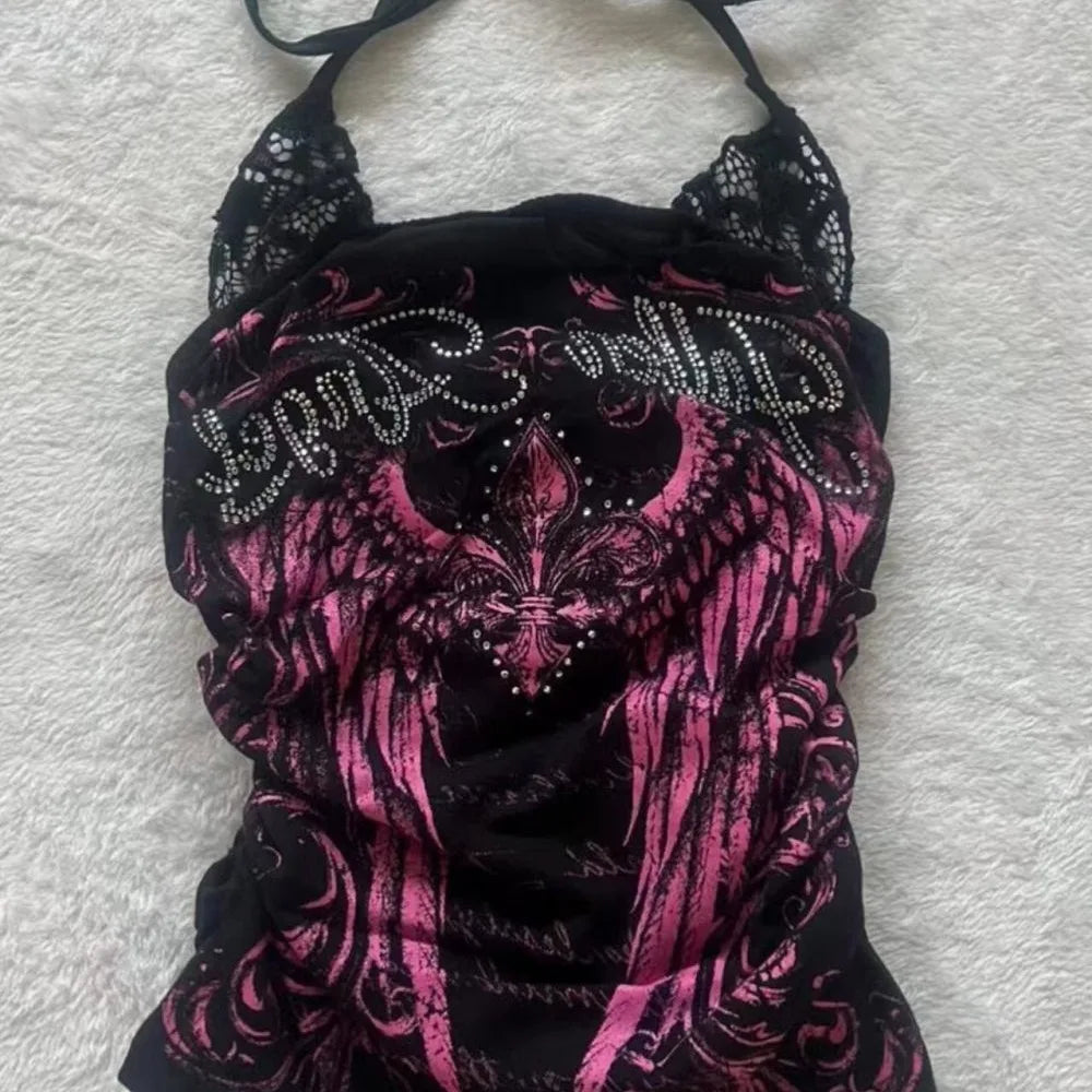 Sexy Hottie Y2k Aesthetic Rose Print Halter Vest Women Vintage Slim Fit Camis Outerwear Crop Top Harajuku Hotsweet Short Tanks