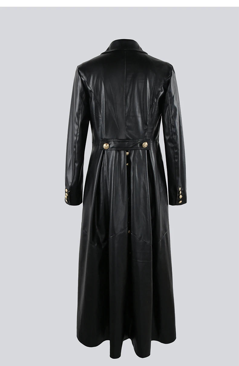 Nerazzurri Extra Long Red Black Pu Leather Trench Coat for Women with Gold Button Double Breasted Luxury Elegant Chic Overcoat