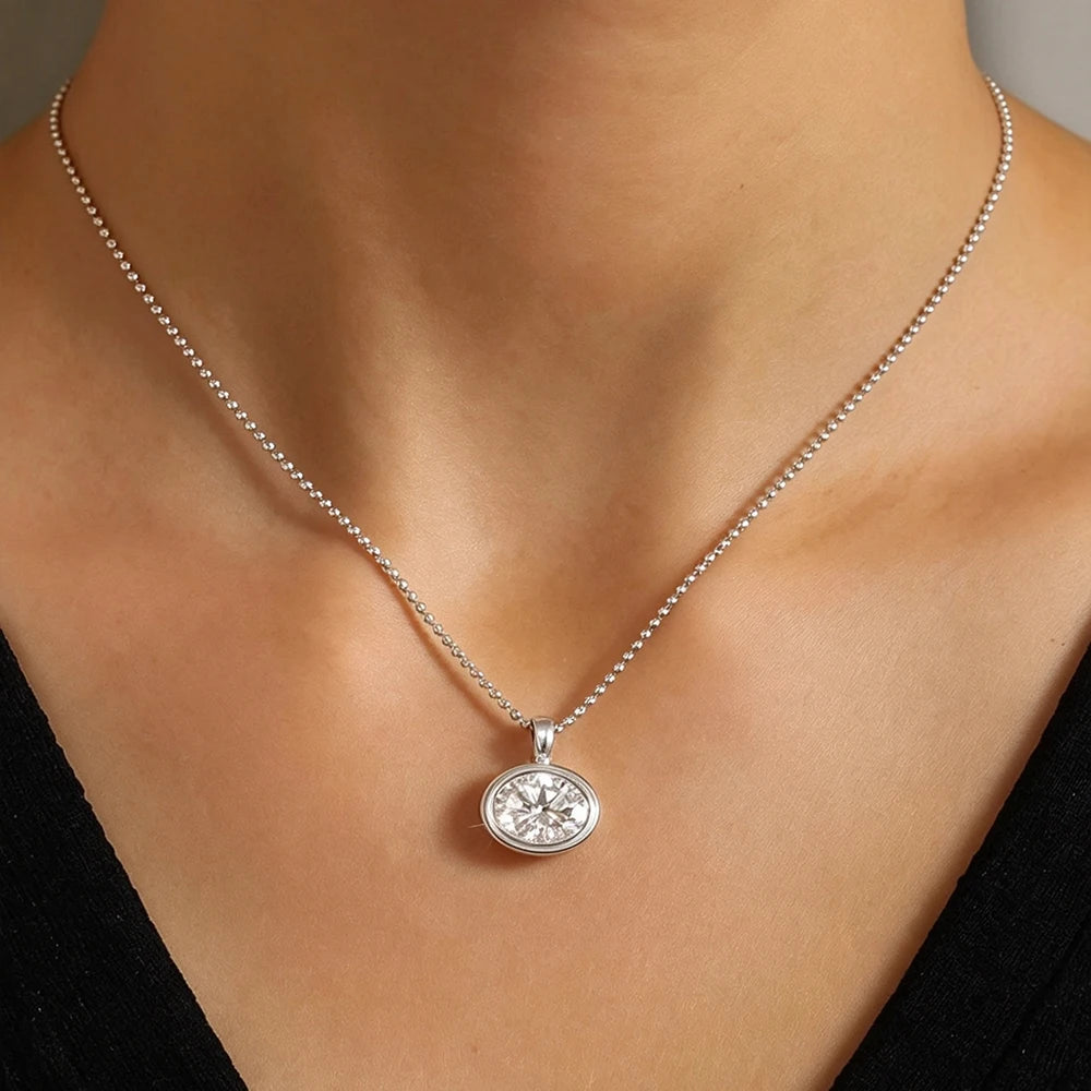 GRA Certified 2/3/4ct East West Oval Cut Moissanite Pendant Necklace for Women Bezel Set Solitaire Diamond 925 Silver Bead Chain
