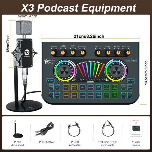 Tenlamp X3-B333 Mic Mixer Set Podcast Influencer KOL Singing Gaming DJ Mixing Station Controller Equipment Studio Recording Electronic Music Mixer Power Karaoke Machine Available Dynamic Condenser Wireless Microphone Microfo