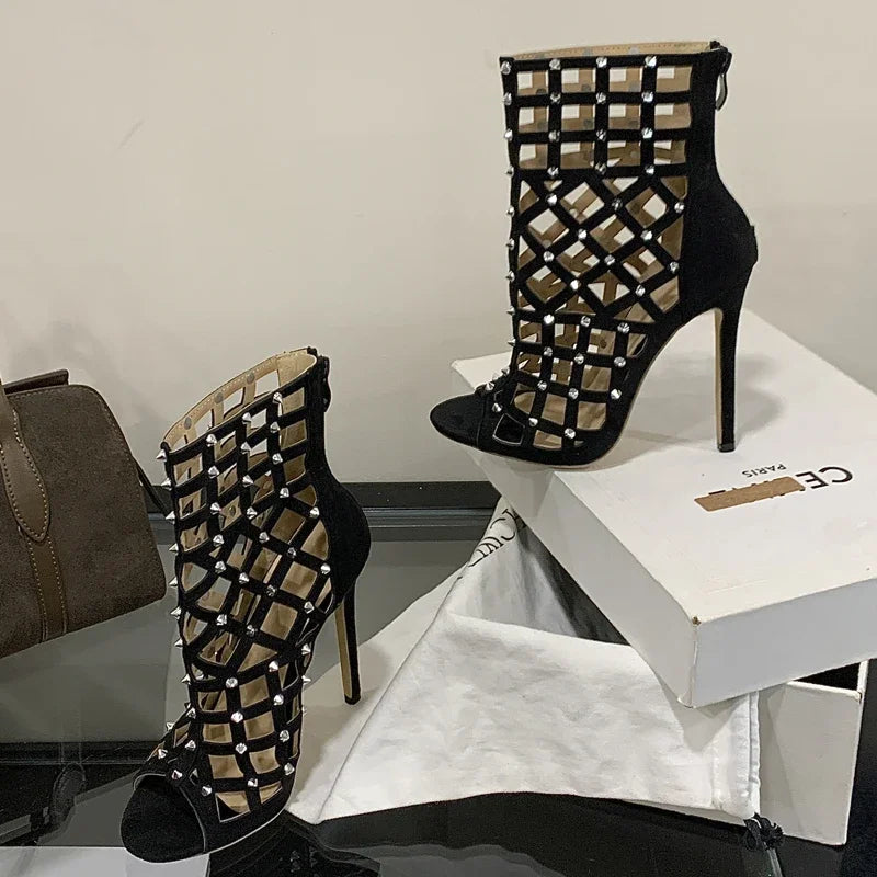 Eilyken 2026 New Street Design Rivet Hollow Out Zipper Ankle Boots Women Sandals Thin Heels Prom Ladies Shoes Botas Mujer