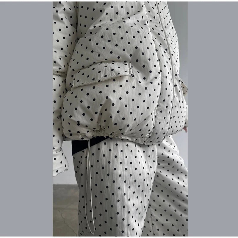 Polka Dots Hooded Cotton Coats Trousers Set 2026 Winter Loose Zippers Drawstring Jacket Elastic Waist Pants Women's Warm Outfits