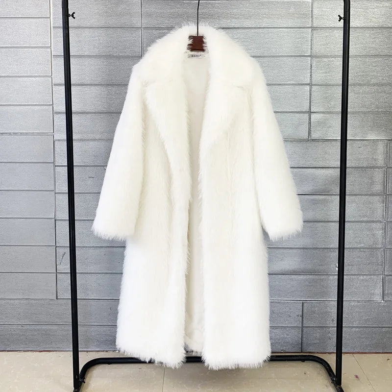 Women's Autumn Winter Long Maxi Faux Fur Coat Notched Lapel Collar Oversized Long Sleeve Pockets Thick Lady Warm Winter Overcoat