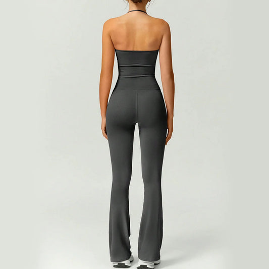 Female Sexy Backless Gym Jumpsuits Set Woman Training Yoga Flared Sportswear Woman Sports Clothes Fitness Elastic Training Suits