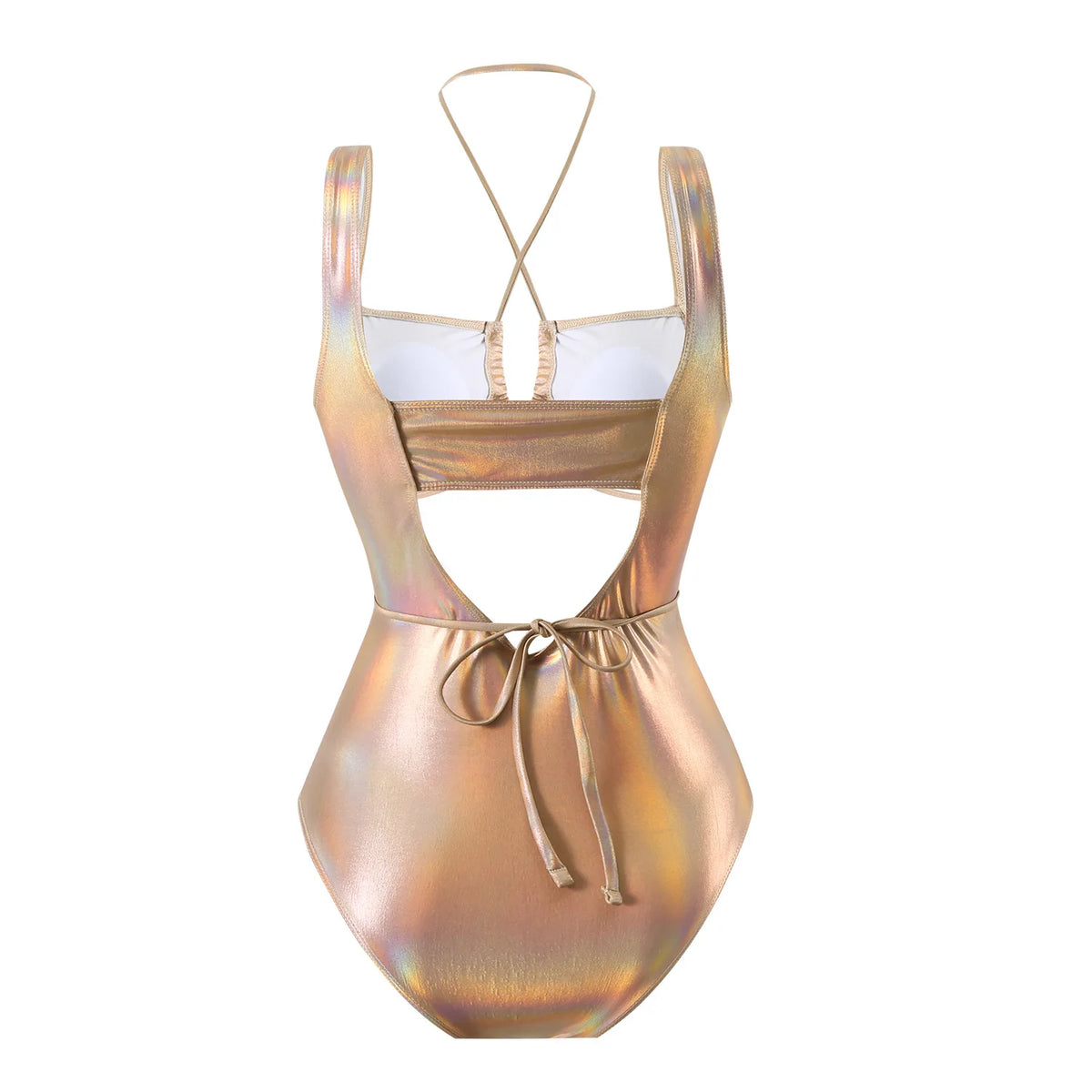 Sexy Glitter Metallic Halter Swimsuit One Piece Hollow Out Tie Bikinis Swimwear Bodysuits Women Biquini Bathing Suits Tankini