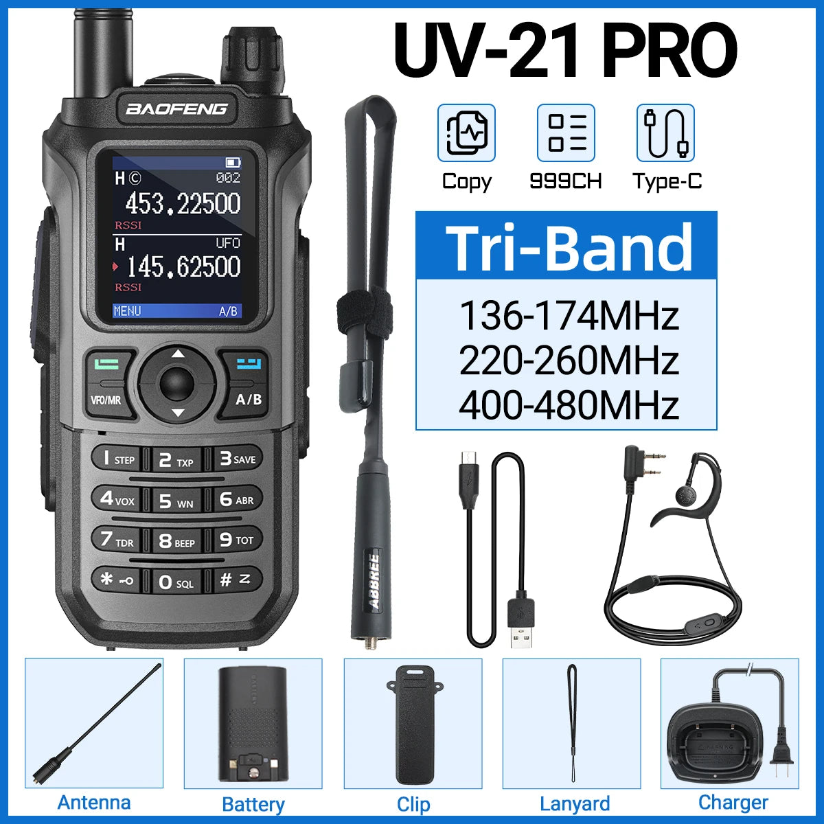 Baofeng UV-21 Pro V2 Wireless Copy Frequency Tri Band Powerful Waterproof Long Range UV-5R Long Range Type-C Two Way Ham Radio