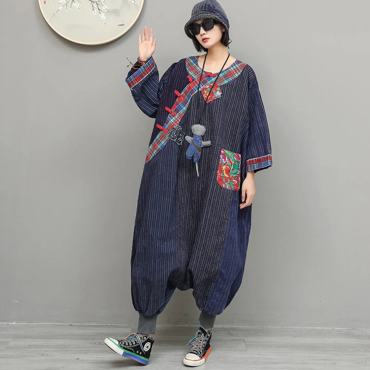 Unique Stylish Patchwork Jumpsuit Women Chinese-style Diagonal Button Long Sleeves Overalls Loose Fit LX6834