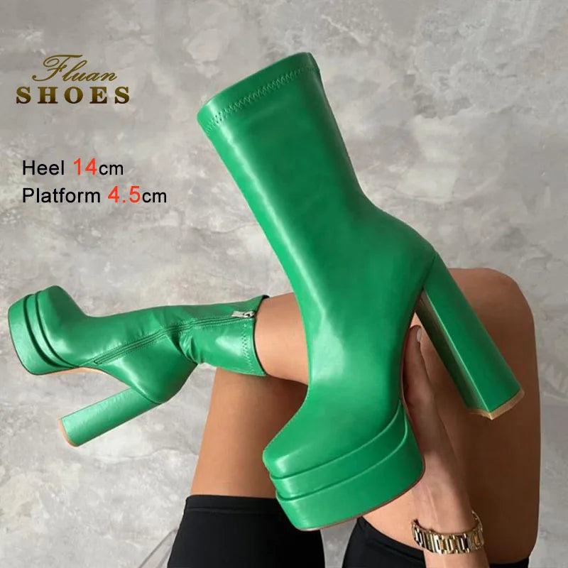 Foreign Trade Women's Shoes Fashion Super High Heels Platform Short Boots New Chunky Heel Mid-calf Boots Casual Ankle Boots CD