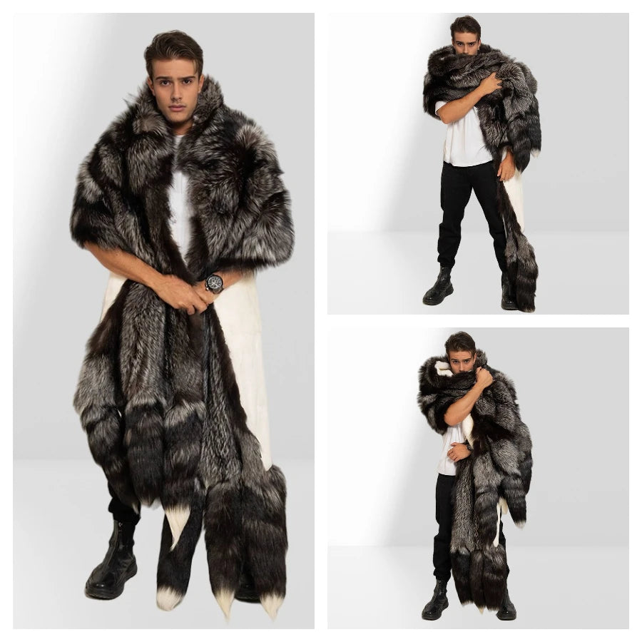 Unisex Double Face Silver Fox & White Rex Boa-Cape With Tails Real Fur Scarf Long Hot Selling Warm Natural Fur Scarf