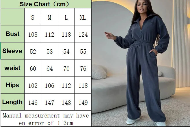 FSMG Casual Long Sleeve Half-Zip Sports Jumpsuits Women's Solid Loose Lapel Elastic Waist Tracksuits Comfy One-Piece Lounge Set