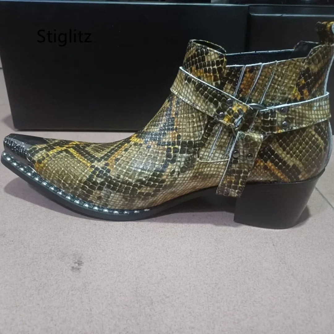 Buckle Strap Snakeskin Ankle Boots for Men High Heels Slip On Genuine Leather Work Boots Metal Decor Chelsea Boots Men's Shoes