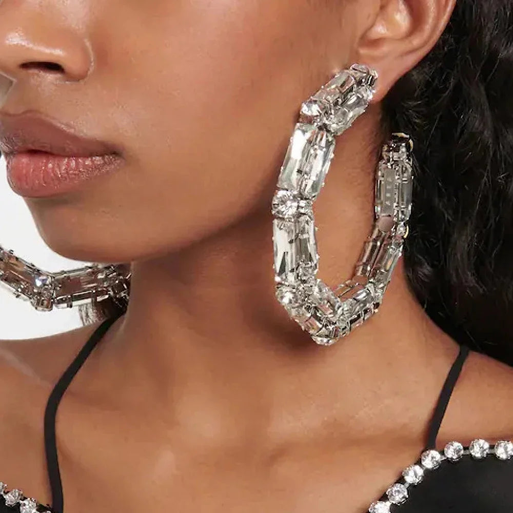 Shine Circle Large Crystal Hoop Earrings for Women 2023 Trending Oversize Statement Rhinestone Dangle Earrings Stud Jewelry