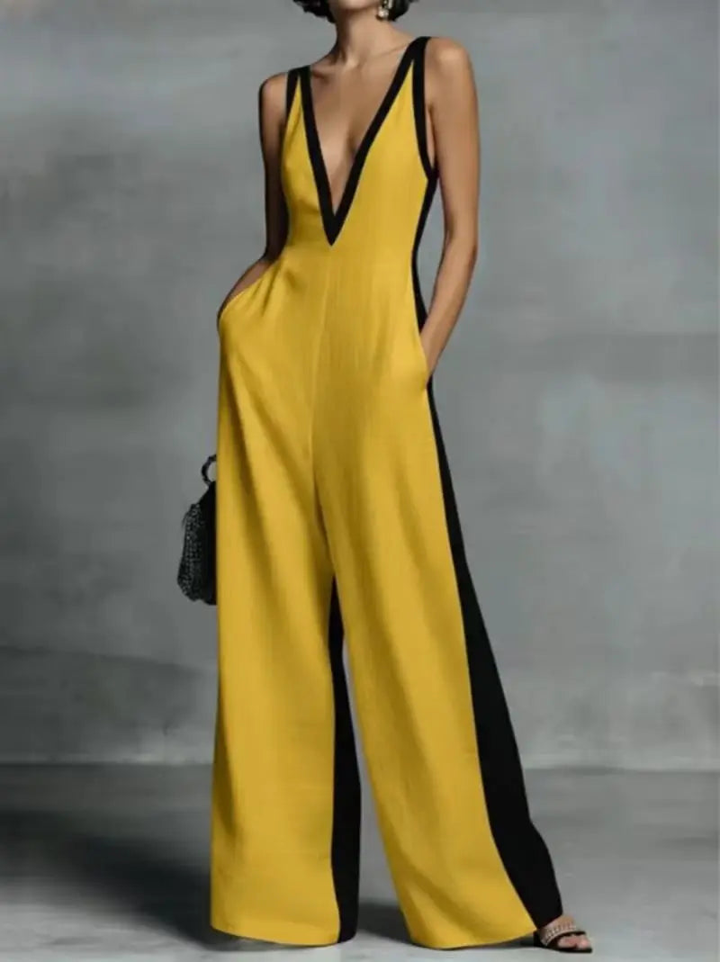 Women's Color Block V Neck Jumpsuit, Sleeveless Wide Leg Romper With Pockets for Party Work Date