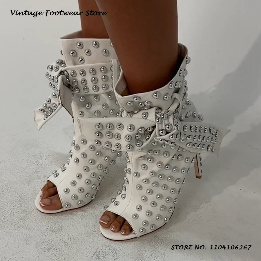 Studded Embellished Summer Boots Chic Round Open Toe Thin Heels Party Outfits Shoes Women's Fashion Casual Lace-up Ankle Boots