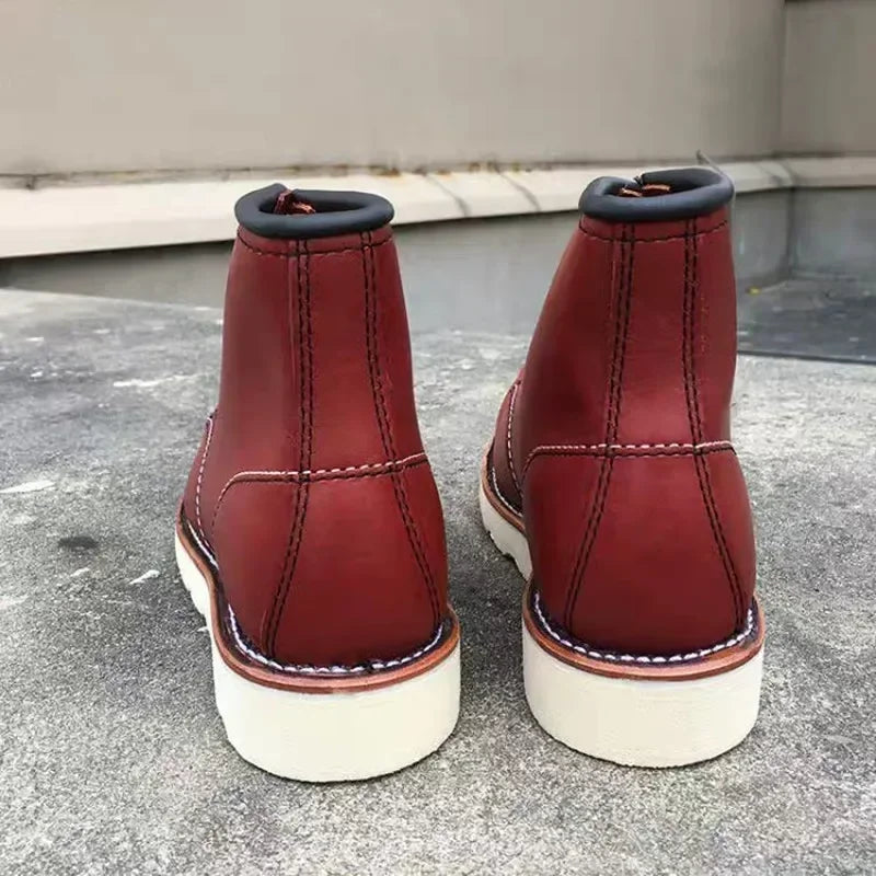 Men's Goodyear-Welted Vintage Genuine Leather Mid-calf Motorcycle Boots Round toe Casual Punk Dress Boots Work Shoes Western Red