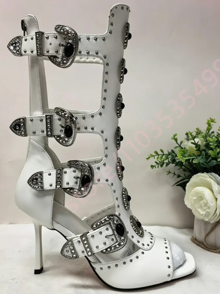 Women's 2026 Peep Toe Rhinestone Buckle Cutout Gothic Floral Mid-Calf Boots Punk Motorcycle Party Shoes with Rivets