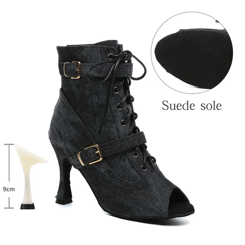 SWDZM New Ladies Dance Shoes Ballroom Dance Boots Denim Jazz Dance Shoes Girls Sexy Pole Dance Ballroom Dance Cowboy Boots