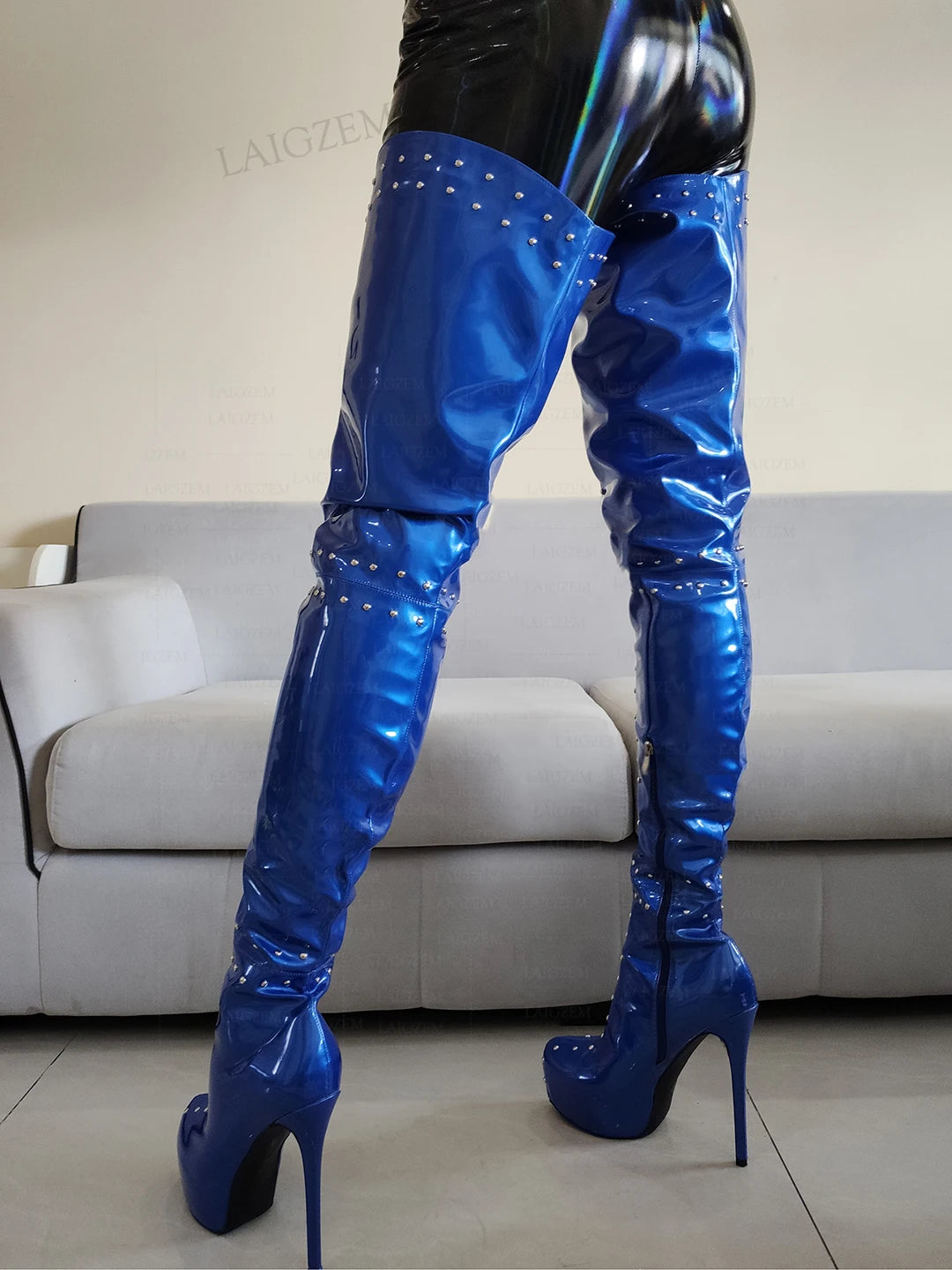 LAIGZEM Slim Fit Women Thigh High Platform Boots Rivets Shiny Thin High Heels Boots Over Knee Shoes Woman Large Size 41 43 52
