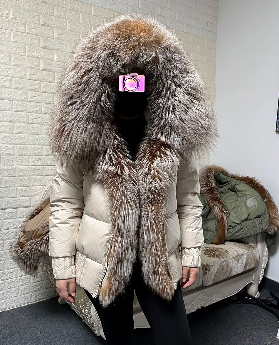 MMK 2023 Winter Women Warm White Duck Down Jacket Natural Real Fox Fur Collar Hood Puffer Coat Thick Luxury Outerwear