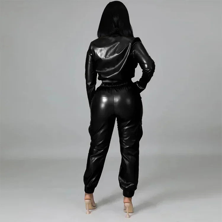 Women Jacket Sets 2 Piece Long Sleeved Slim PU Leather Gripped Pants Set Solid Zipper Fly Pencil Pants Slim Fit High Street Suit