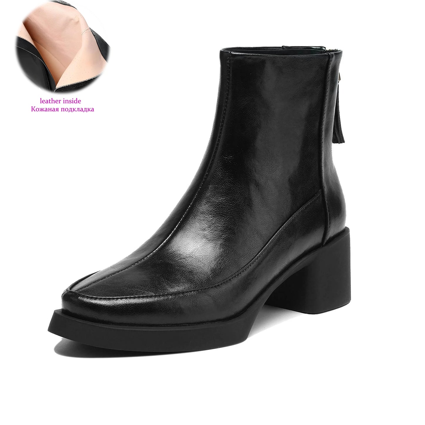Plus Size 34-43 Cow Skin Round Toe Zipper High Heels Modern Motorcycles Boots Warm Winter Shoes Dating Retro Brand Ankle Boots
