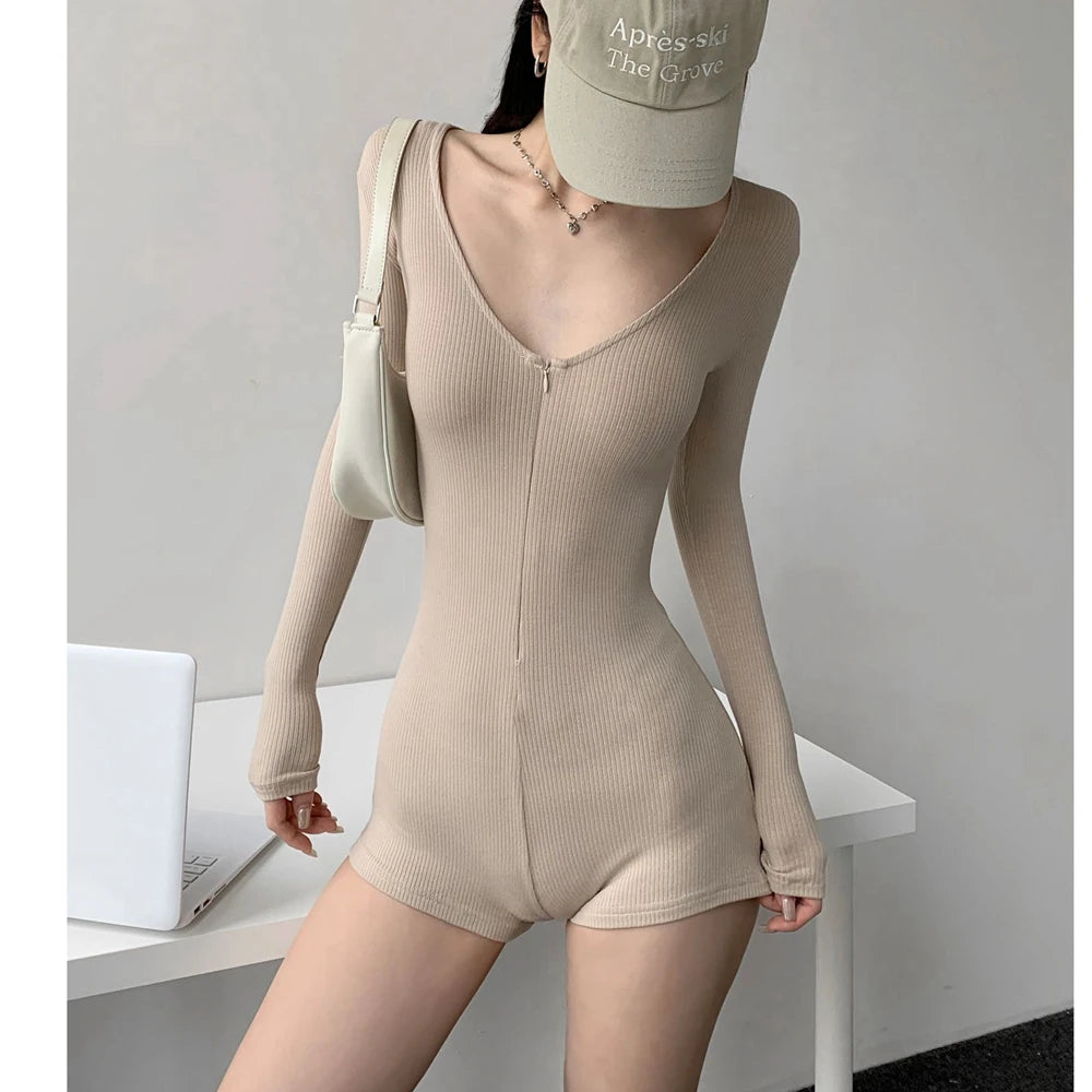 Women's Short Yoga Jumpsuits Long Sleeve Slim Fit Stretch One Piece Playsuits Sexy Fitness Female Shorts Zipper Sportwears