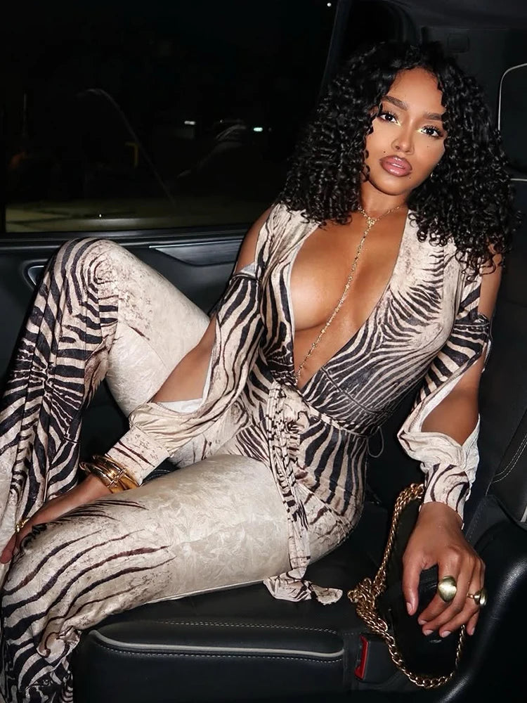 Nibber Deep V-Neck Jumpsuit Woman Stripe Patchwork Flared Hollow Full Sleeve Street Off Shoulder Sexy Fashion Style Overalls