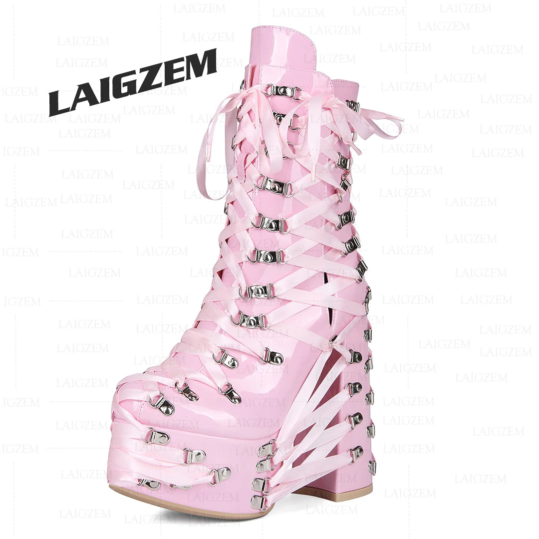 LAIGZEM Women Ankle Boots Side Zip Up Lace Up Thick High Heels Boots Cosplay Gothic Ladies Shoes Woman Large Size 38 41 43 47 52
