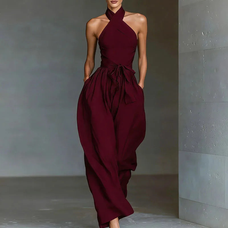 Chic Sexy Ciss Cross Halter Backless Jumpsuit Woman Spring Elegant Solid Tie Waist Romper Summer Hollow Wide Leg Pocket Overalls