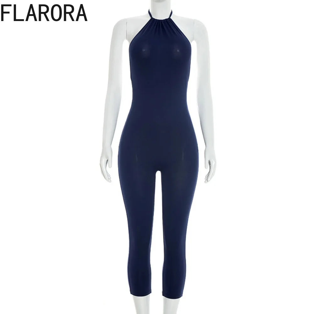 FLARORA Sexy Halter Backless Skinny Jumpsuits Woman Solid Color Slim Fit Capri Jumpsuit Hottie Midnight Street Clubwear Overalls
