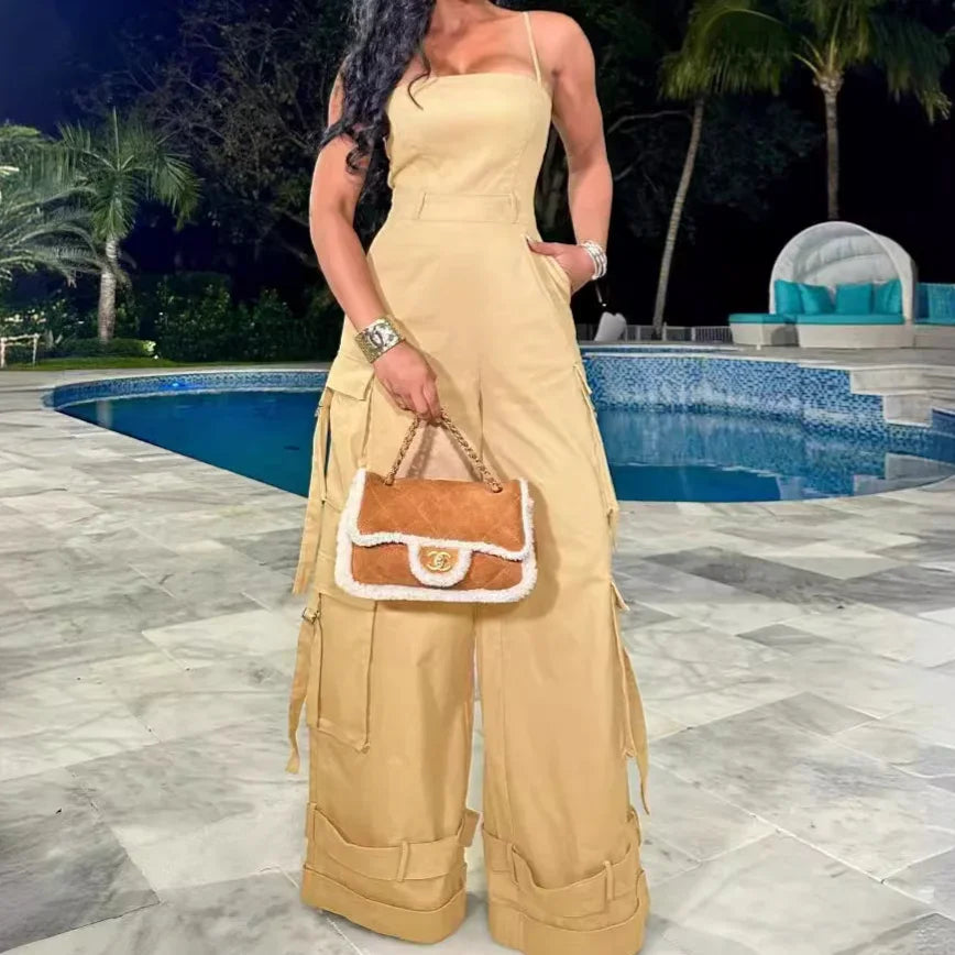 Jumpsuits Women One Piece Cargo Pant Wide Leg Long Pants Loose Casual Sling Sleeveless Overalls Y2k Strapless Solid Rompers