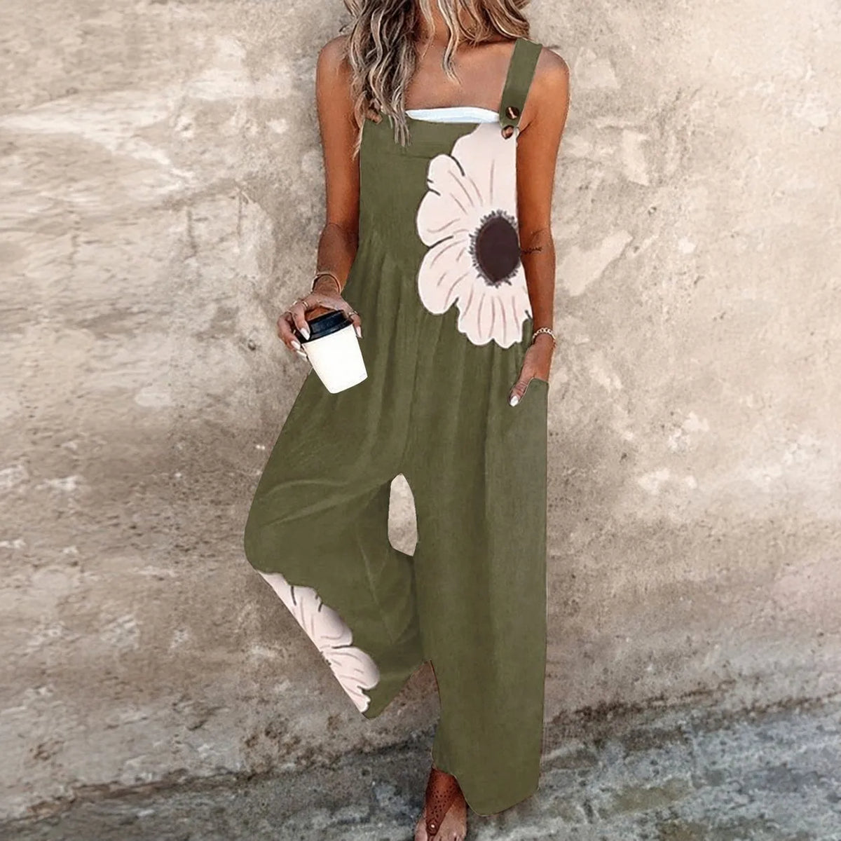 Summer Woman Jumpsuit Floral Print Romper Wide Leg Pants Overalls Black Backless Strap Jumpsuits Women's Casual Loose Fit