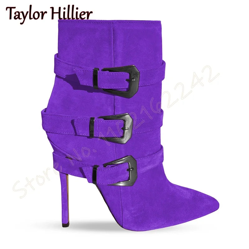 Rose Red Suede Belt Buckle Short Boots Pointed Toe Stiletto Side Zipper Modern Boots Fashion Party Catwalk Luxury Short Boots 46
