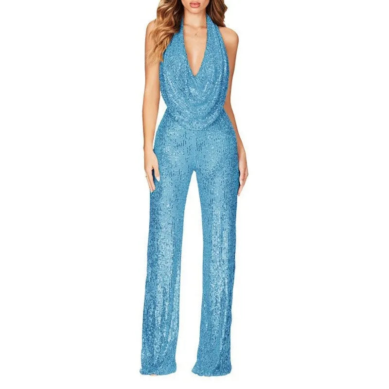 Off Shoulder Sequined Jumpsuit Straight Leg Sophisticated with Mid Rise Embroidered Sequin Romper Straight Cut Women Jumpsuit