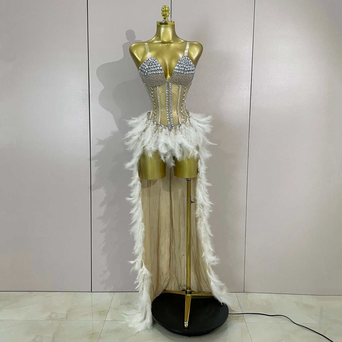 Sparkly Rhinestones Feathers Long Tail Bodysuits Sexy Mesh Transparent Stage Dress Evening Party Celebrate Luxury Birthday Dress