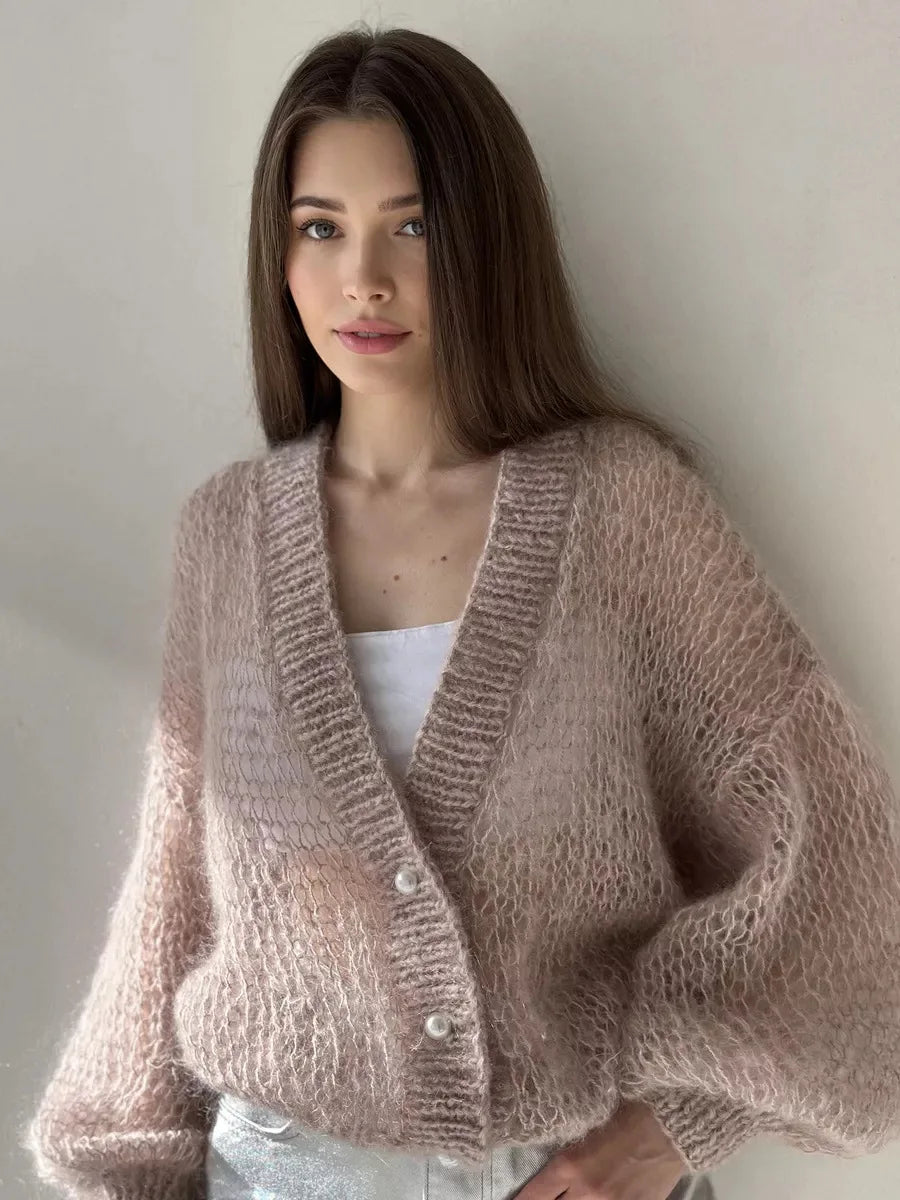 Women Knitting Cardigan 2026 New Women Mohair Knit Cardigan Hollow Out Sheer Long Sleeve Casual Knitted Outerwear Sweater
