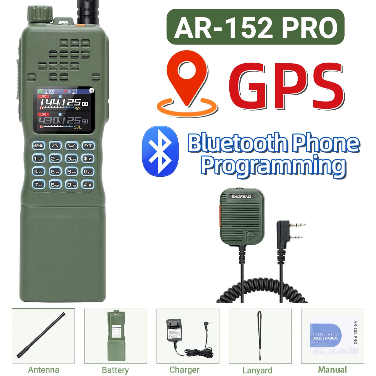 BAOFENG AR-152 PRO GPS Walkie Talkie 12000mAh Multi Band Long Range Bluetooth 10W ProgrammingTri-power Two Way Radio UV-32