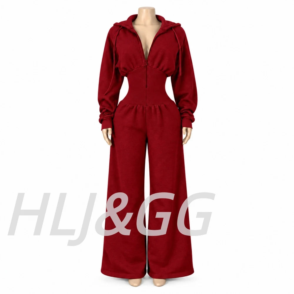 HLJ&GG Autumn Light Fleece Hooded Wine Leg Pants One Piece Jumpsuits Women Zipper Long Sleeve High Waist Sweat Sport Sportswears