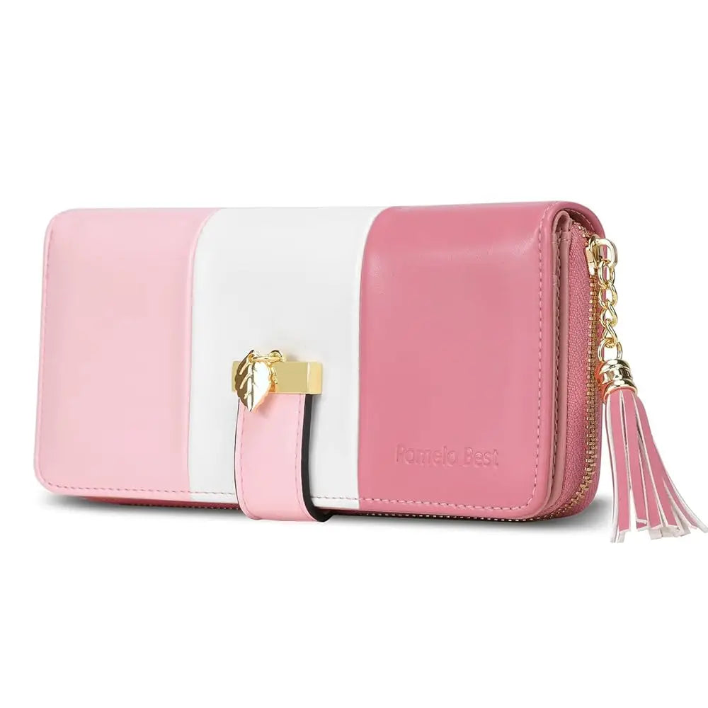 Pomelo Best Tri-color Women's Wallet Zipper Long Billfold PU Leather Large 9 Card Slots Coin Purse RFID Blocking Tassel Pendant