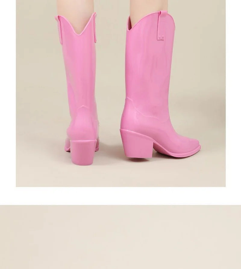 FHC Chunky High Heels Rain Boots,Women's Waterproof Mid Calf Botas,Kitchen Work Shoes,Cowboy Booties,Black,PInk,Red,Dropship