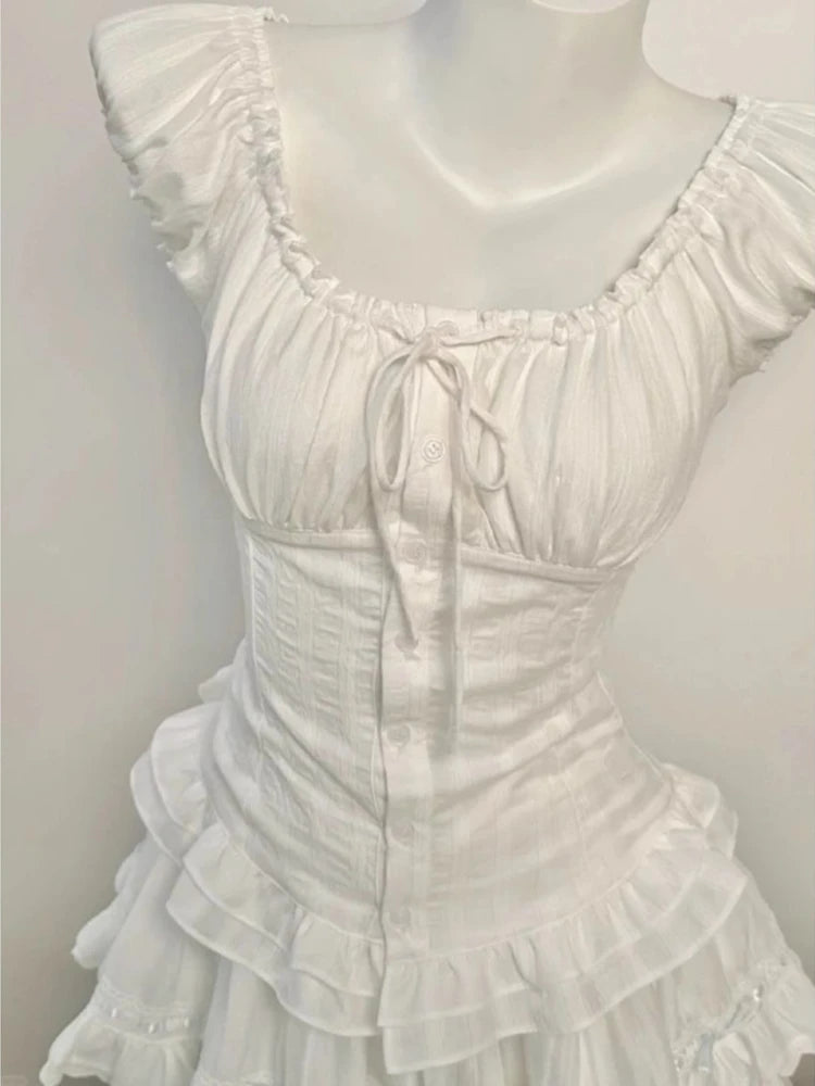 Deeptown Elegant Sweet White Blouses Women Sexy Square Collar Bow Crop Tops Vintage French Style Short Sleeve Ruffle Shirts